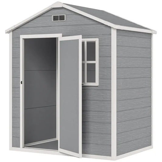 Outsunny 6 x 4ft Plastic Shed with Floor, Wood Effect Resin Garden Shed with Window, Lockable Door, Lock and Keys, Vents, All Weather Resistant for Outdoor, Patio, Lawn, Grey