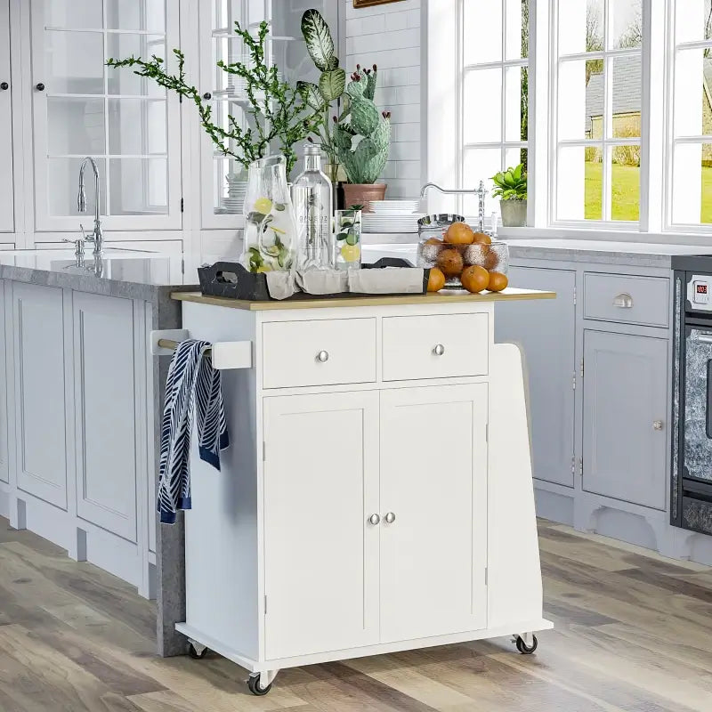 HOMCOM Kitchen Island on Wheels, Mobile Storage Trolley, Rolling Kitchen Cart with Rubber Wood Top, 2-Door Cabinets, 2 Drawers, Adjustable Shelf, 3-Tier Spice Rack, Drawers