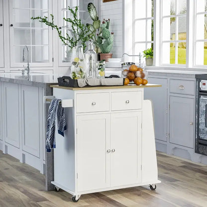 HOMCOM Kitchen Island on Wheels, Mobile Storage Trolley, Rolling Kitchen Cart with Rubber Wood Top, 2-Door Cabinets, 2 Drawers, Adjustable Shelf, 3-Tier Spice Rack, Drawers