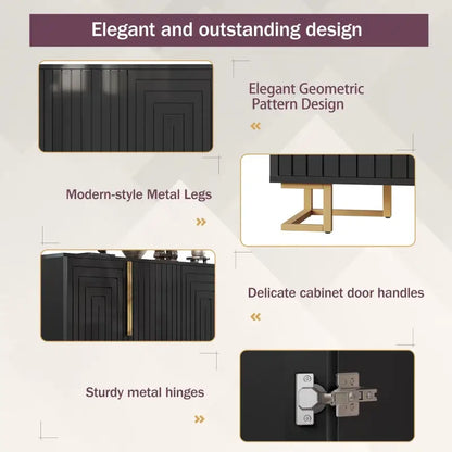 Stylish Sideboard with 2 Doors, 4 Shelves and Geometric Door Design, Durable Cabinet with Slim Metal Feet, 152L x 40W x 75H cm, Black