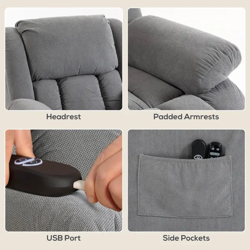 HOMCOM Recliner Armchair Lift Chair, Electric Recliner Chair with Vibration Massage and Heat, Wide Seat, USB Port, Light Grey