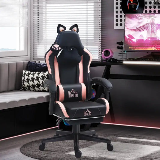 HOMCOM Cat Ear and Paw Reclining Office Chair, with Footrest - Black/Pink