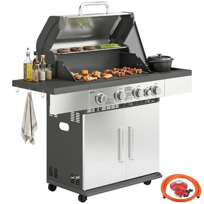 Outsunny 4+1 Burner Gas BBQ Grill, Portable Gas Barbecue Grill with Side Burner, Warming Rack, Side Shelf, Storage Cabinet