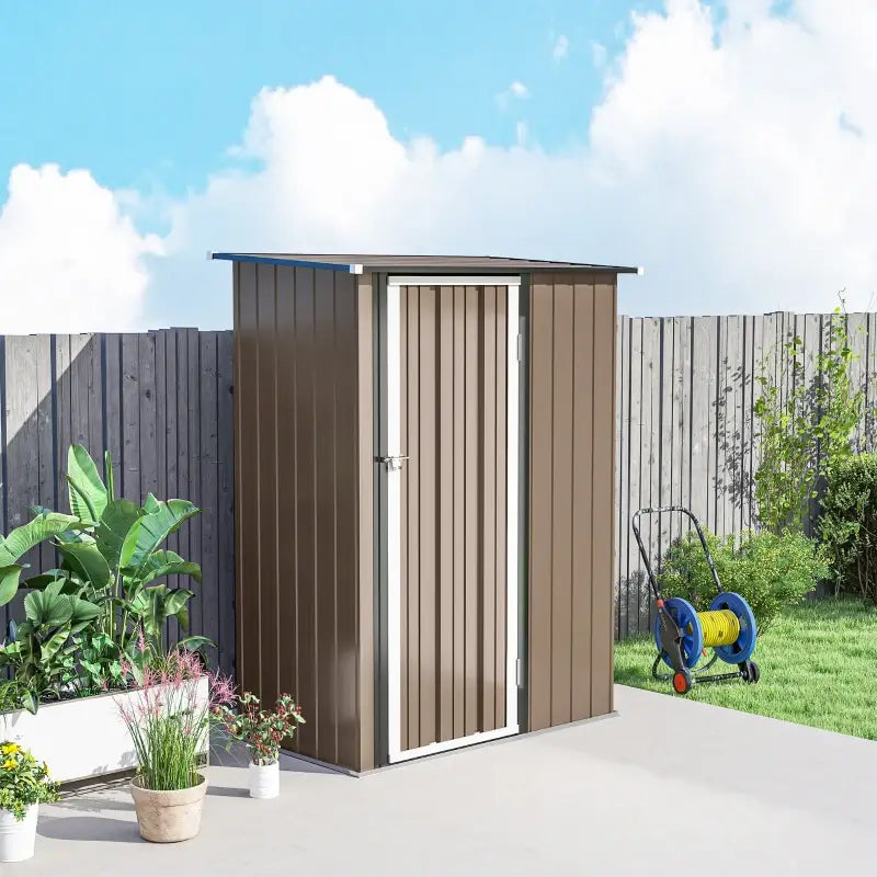 Outsunny 5ft x 3ft Garden Storage Shed, Galvanised Outdoor Metal Shed Waterproof with Sloped Roof, Lockable Door for Patio Tools, Equipment, Brown