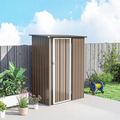 Outsunny 5ft x 3ft Garden Storage Shed, Galvanised Outdoor Metal Shed Waterproof with Sloped Roof, Lockable Door for Patio Tools, Equipment, Brown