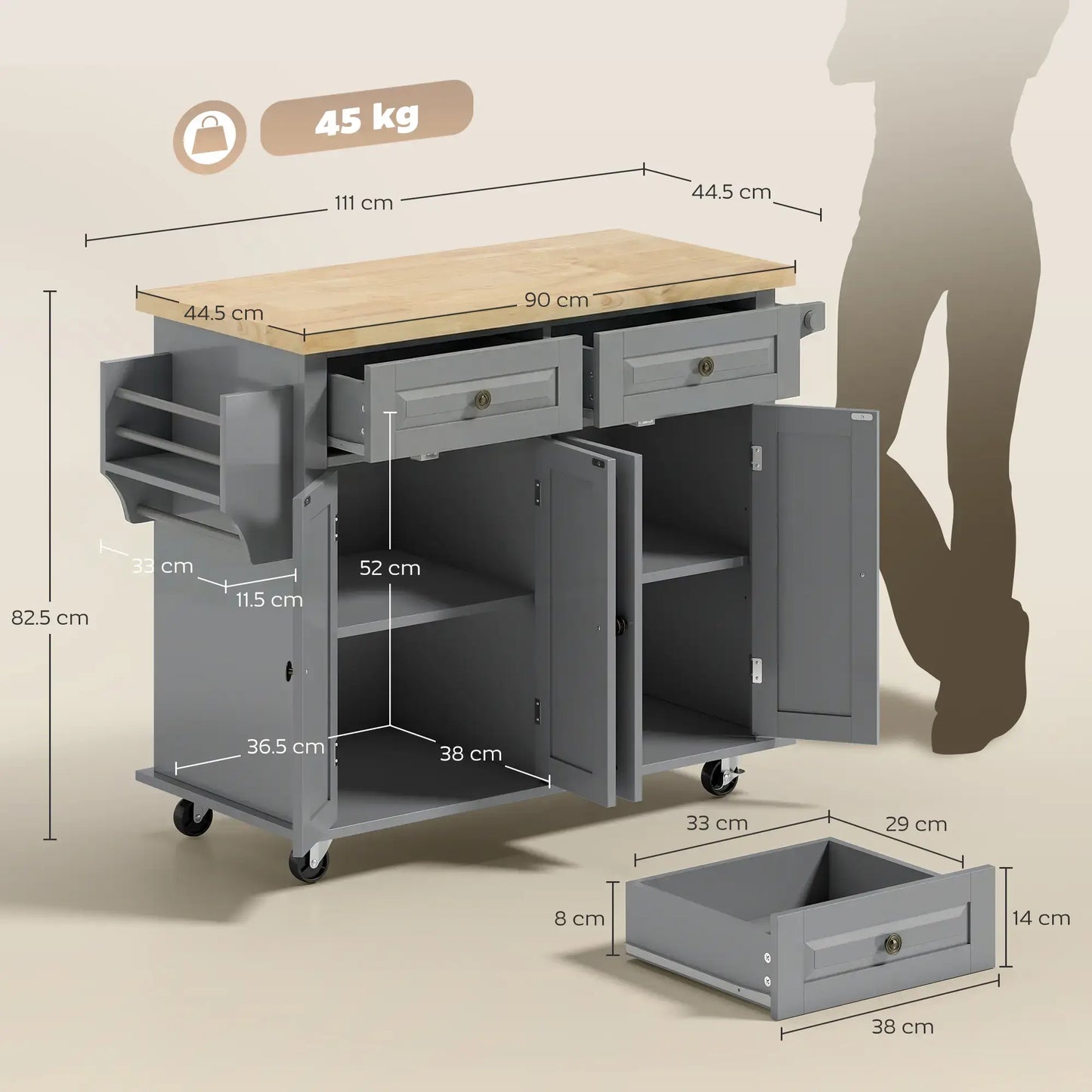 HOMCOM Rolling Kitchen Island Storage Trolley with Rubber Wood Top & Drawers for Dining Room, Grey