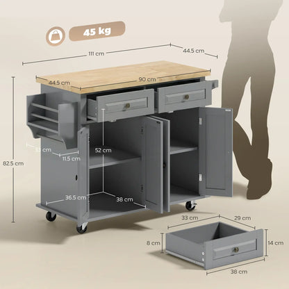 HOMCOM Rolling Kitchen Island Storage Trolley with Rubber Wood Top & Drawers for Dining Room, Grey