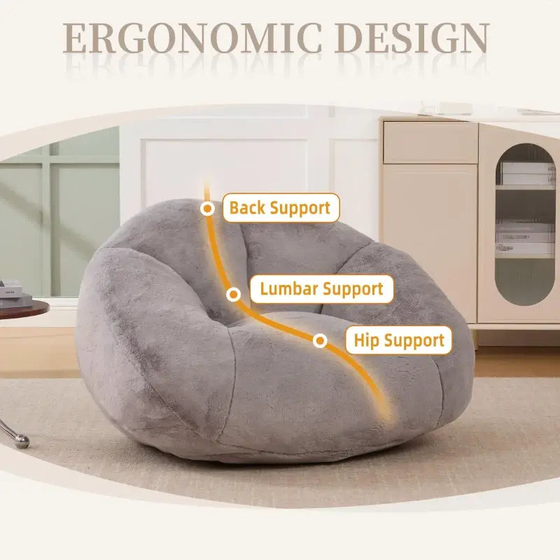 Shell-Shaped Sofa with High-Rebound Foam and Ergonomic Lumbar Support, Giant Sofa with Faux Fur, 100L x 90W x 57H cm, Light Gray