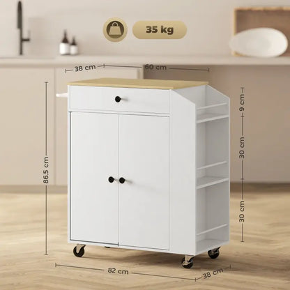 HOMCOM Rolling Kitchen Island with 3-Tier Spice Rack, Kitchen Storage Cart with Drawer and Towel Rack, White