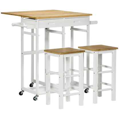 HOMCOM Kitchen Island Set with 2 Stools, Bamboo Breakfast Cart with Drop Leaf Top, Drawers and Towel Rack, Rolling Kitchen Cart and Chairs Set, White
