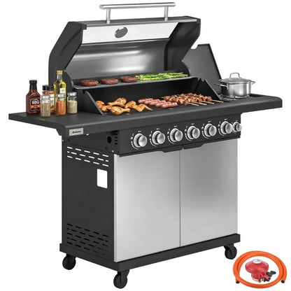 Outsunny 6+1 Burner Gas BBQ Grill, Outdoor Barbecue Trolley with Wheels, Warming Rack, Thermometer, Bottle Opener, Silver Tone