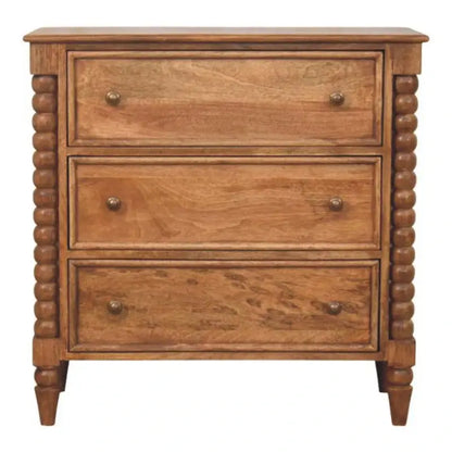 Solid Mango Wood Spindle Chest with 3 Drawers and Turned Spindle Legs, Bedside Cabinet with Ample Storage, 35L x 80W x 80H cm, Brown