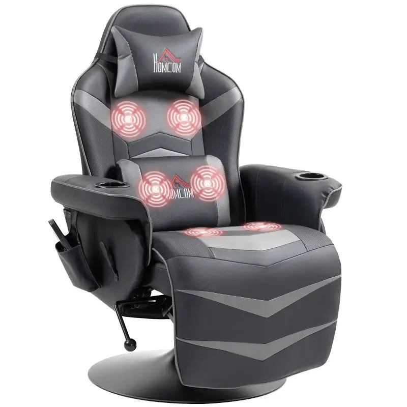 HOMCOM Small Leather Gaming Massage Recliner Chair with Ergonomic High Back Retractable Footrest Headrest Work Break Grey