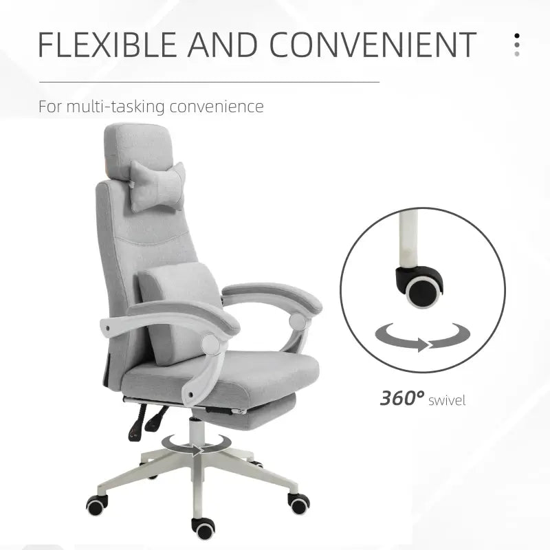 Vinsetto Office Chair, High Back Fabric Work Chair with 160° Reclining Backrest, Retractable Footrest, Neck and Lumbar Pillow, Light Grey