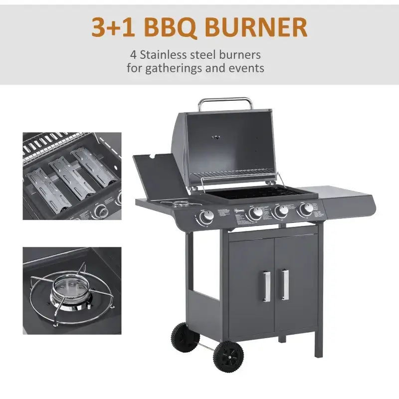 Outsunny 4+1 Burner Gas BBQ Grill, Outdoor Barbecue Trolley with Wheels, Warming Rack, Side Shelves, Cabinet, Thermometer for Garden, Party, Camping, 125 L x 51 W x 100 H cm, Black