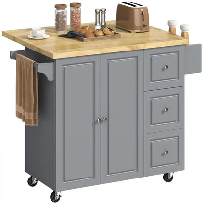 HOMCOM Kitchen Island on Wheels, Rolling Kitchen Storage Trolley with Drop Leaf, Drawers, Towel and Spice Rack, Grey