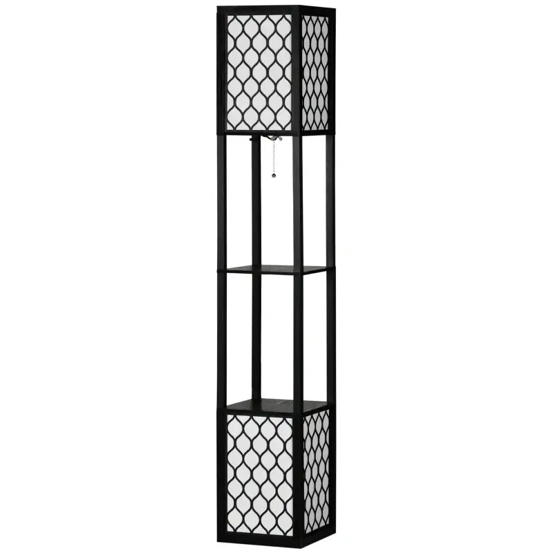 HOMCOM Floor Lamp with Shelves, Modern Tall Standing Lamps with Fabric Lampshade, Chain Switch and Dual Light for Living Room, Bedroom, Bulb not Included, Black